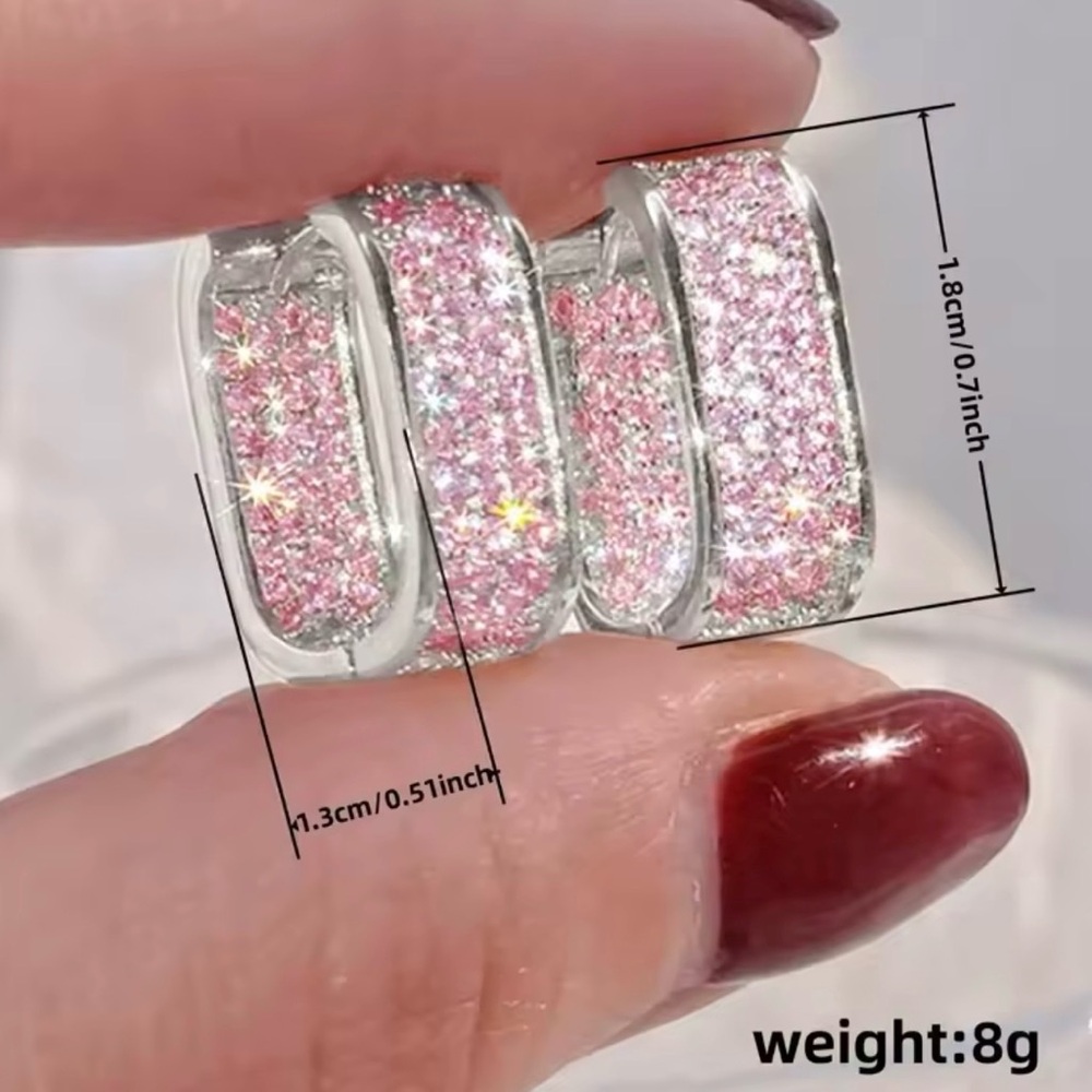 Clearance! Silver Pink Simulated Amethyst Rectangular Crystal Hoop Earrings - Picture 6 of 6